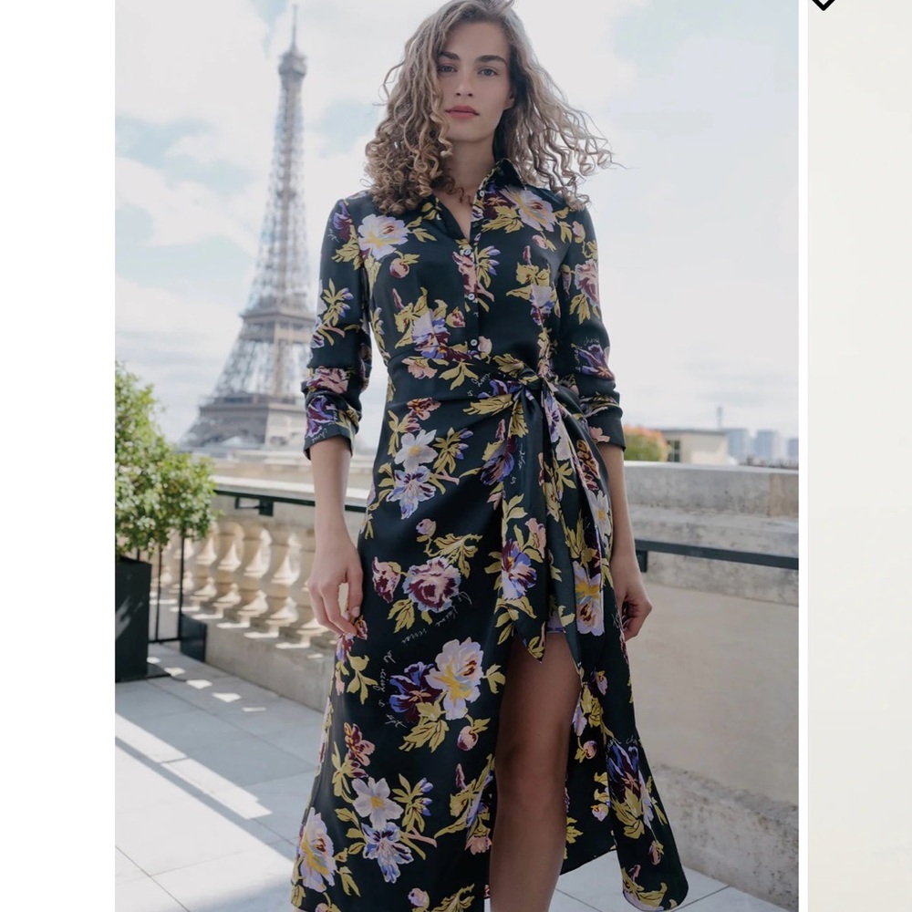 cinq a sept Black Floral Midi Dress with Purple and Green Print